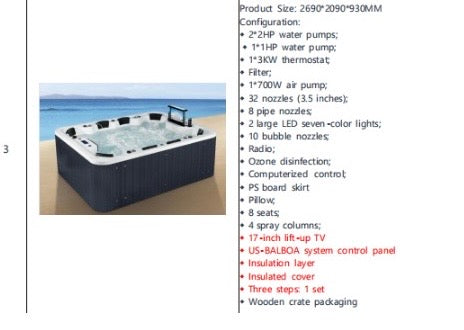 8 Person Spa 9ft x 7ft with Balboa Controller